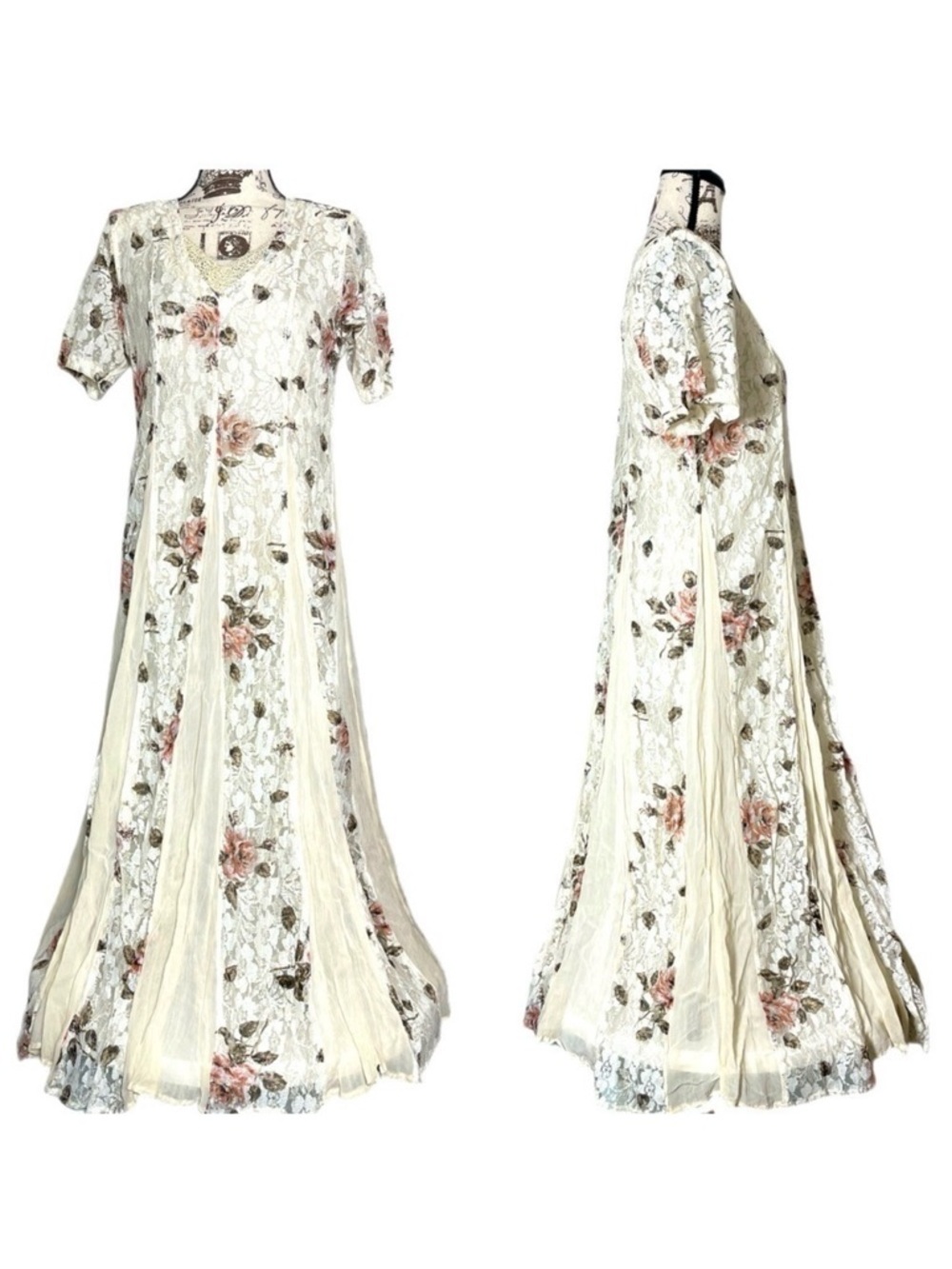 Vintage 80s Starina Cream Floral Lace Layered Boho Maxi Dress Short Sleeve Small